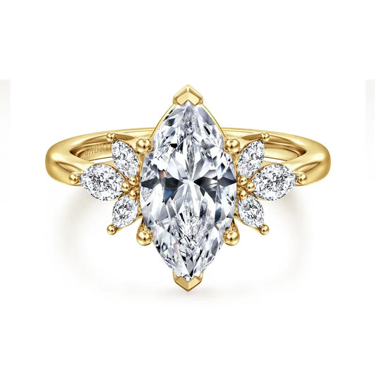 Gabriel & Co. Yellow Gold Bleine 2 Carat Center Marquise Diamond with Marquise Side Diamond Cluster Engagement Ring