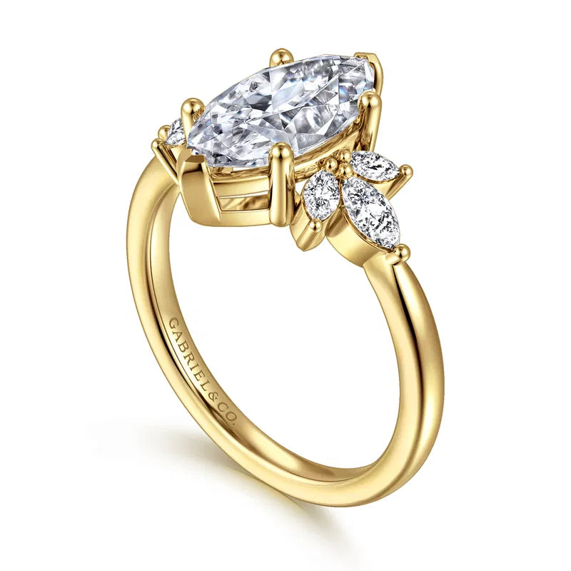 Gabriel & Co. Yellow Gold Bleine 2 Carat Center Marquise Diamond with Marquise Side Diamond Cluster Engagement Ring