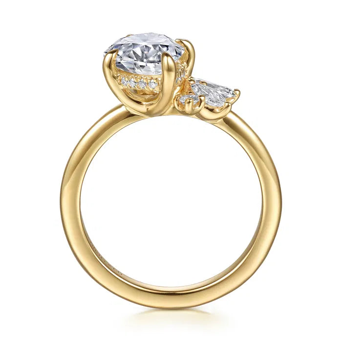Gabriel & Co. Fame Yellow Gold Pear Shape Cluster 2.00 Carat Diamond with Marquise Accent Side Diamond Engagement Ring
