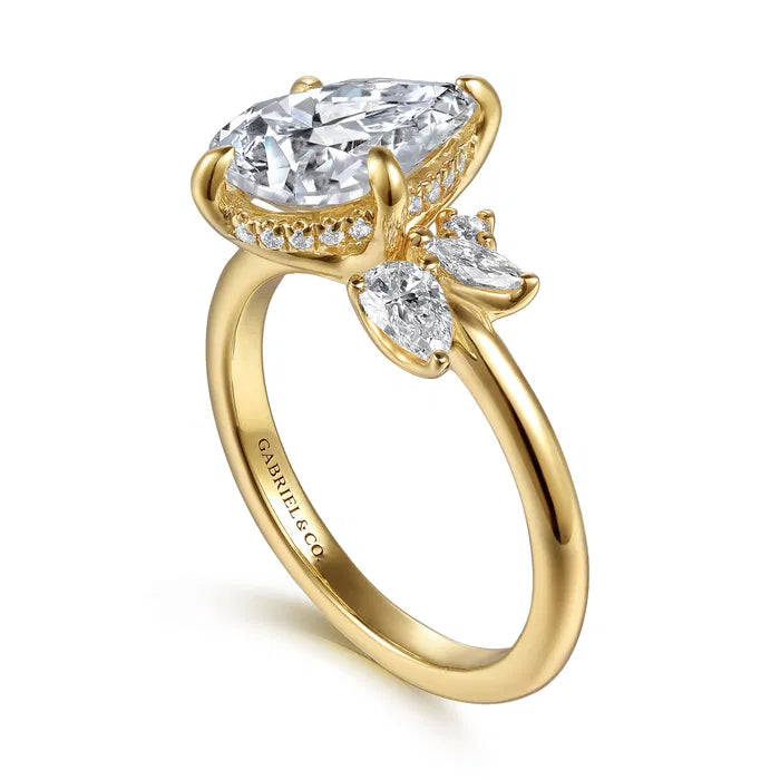 Gabriel & Co. Fame Yellow Gold Pear Shape Cluster 2.00 Carat Diamond with Marquise Accent Side Diamond Engagement Ring