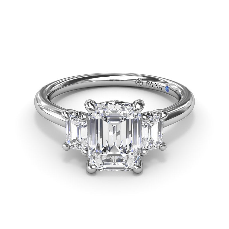 Fana 14K White Gold Three Stone Emerald Cut Three Stone Diamond Engagement Ring Featuring 0.40 Carats Total Weight Emerald Cut Side Diamonds.