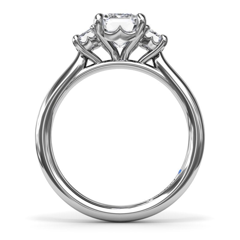 Fana 14K White Gold Three Stone Emerald Cut Three Stone Diamond Engagement Ring Featuring 0.40 Carats Total Weight Emerald Cut Side Diamonds.