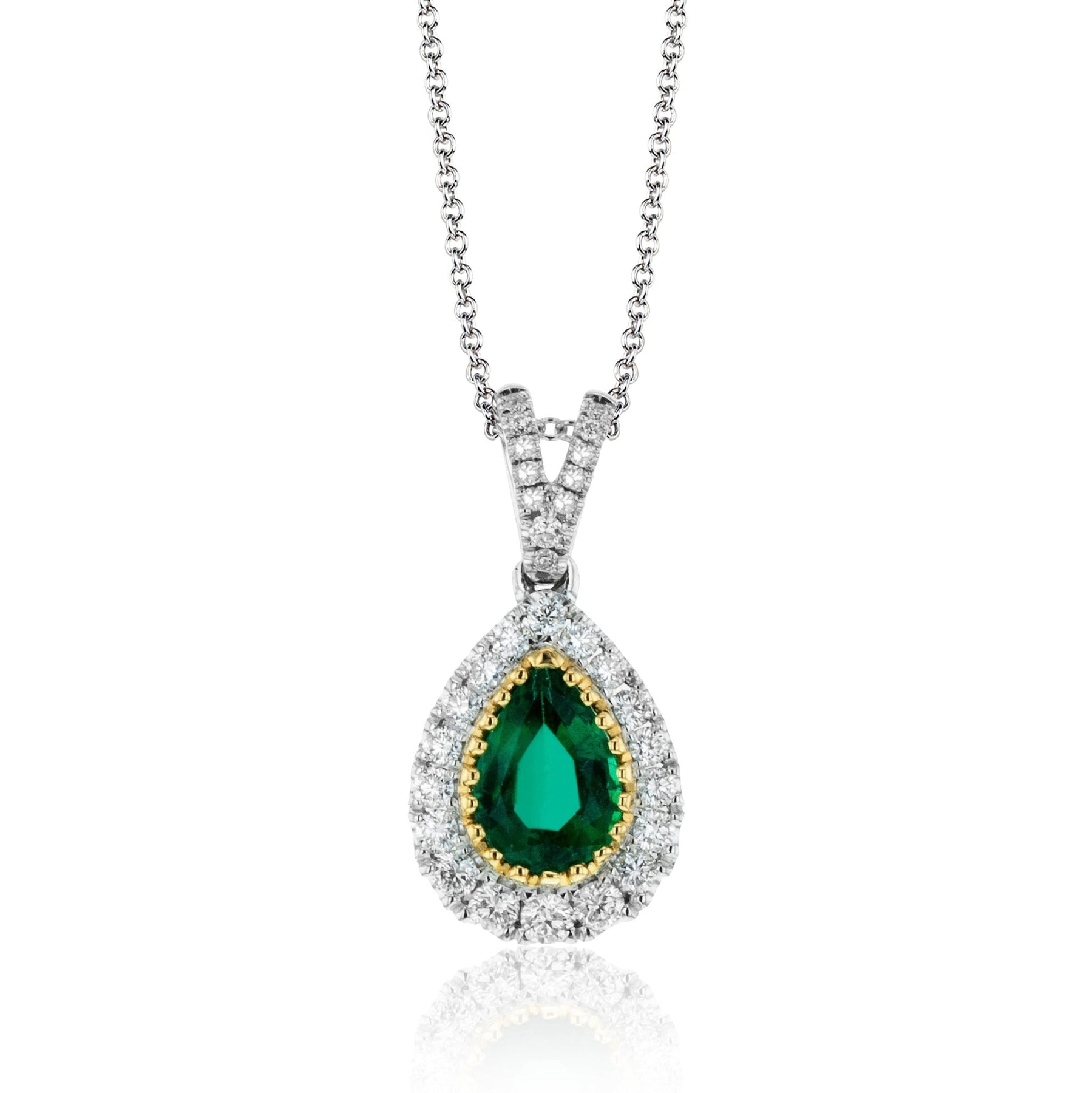 Simon G. 18K White & Yellow Two-Tone Gold Vintage Style Emerald Halo Teardrop Pendant