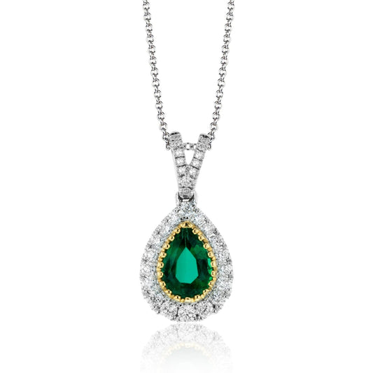 Simon G. 18K White & Yellow Two-Tone Gold Vintage Style Emerald Halo Teardrop Pendant