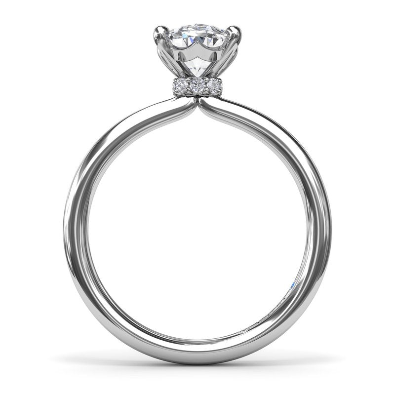 Fana 14K White Gold Oval Cut Four Prong Diamond Collar Solitaire Engagement Ring Featuring 0.06 Carats Round Cut Diamonds Set in the Diamond Collar.