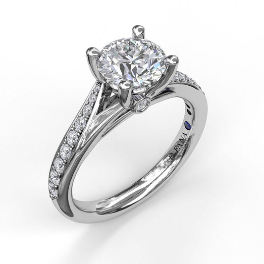 Fana 14K White gold Round Cut Prong Set Side Diamond Cathedral Diamond Engagement Ring Featuring 0.25 Carats Round Cut Diamonds.