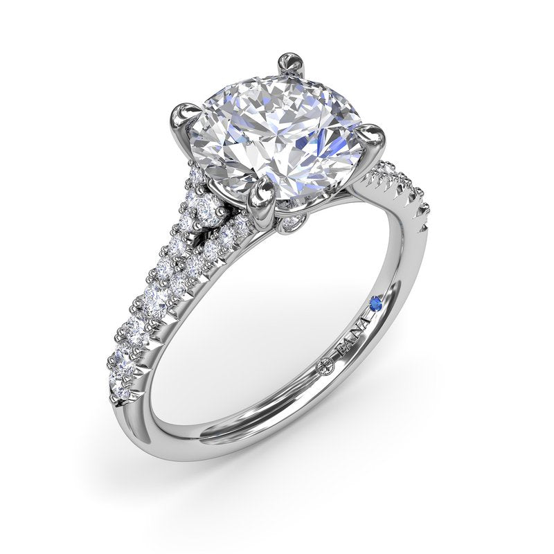 Fana 14K White Gold Round Cut High Polish Split Shank Diamond Engagement Ring Featuring 0.43 Carats Total Weight Round Cut Side Diamonds.
