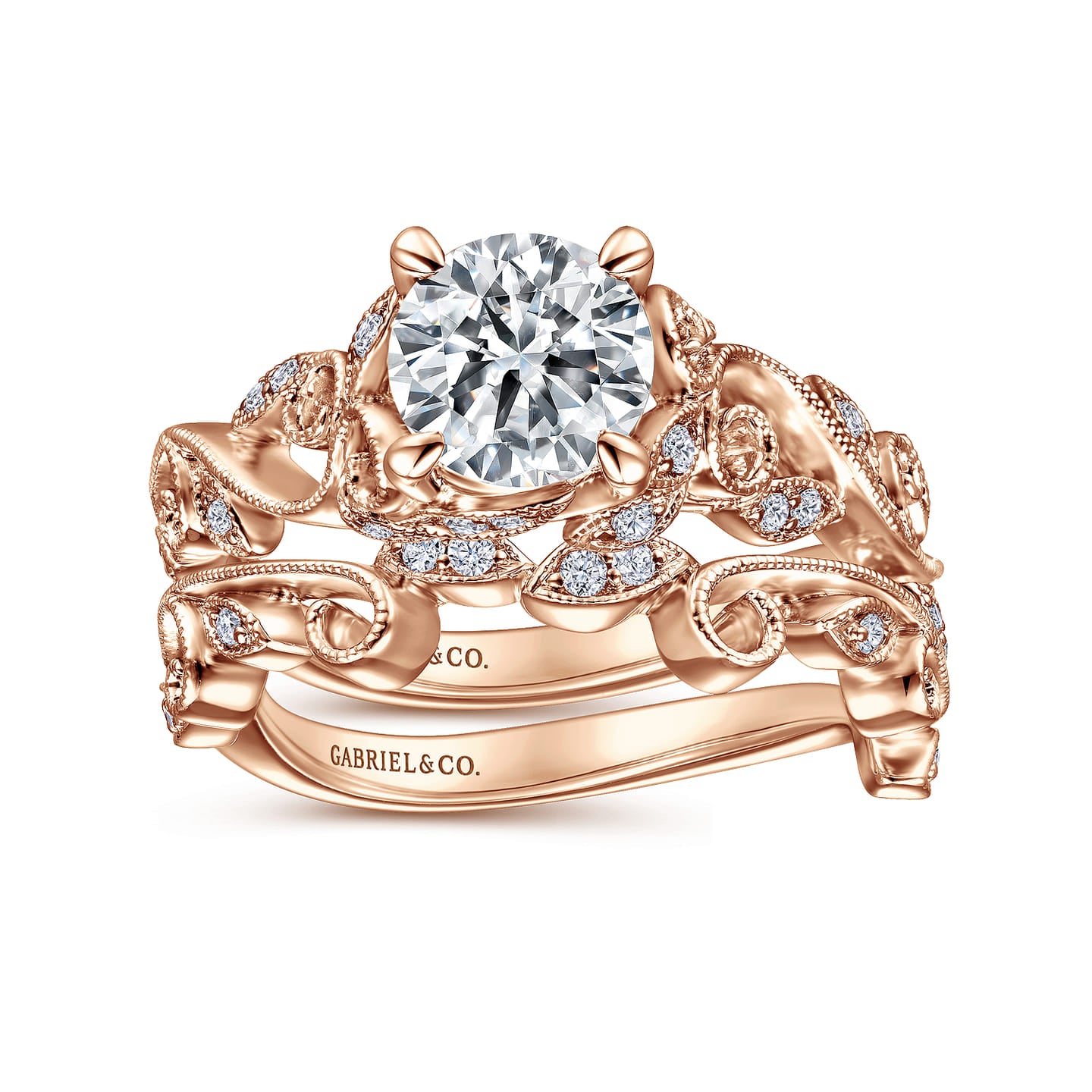 Gabriel & Co. Rose Gold Martedi Floral Style Diamond Wedding Ring Set 