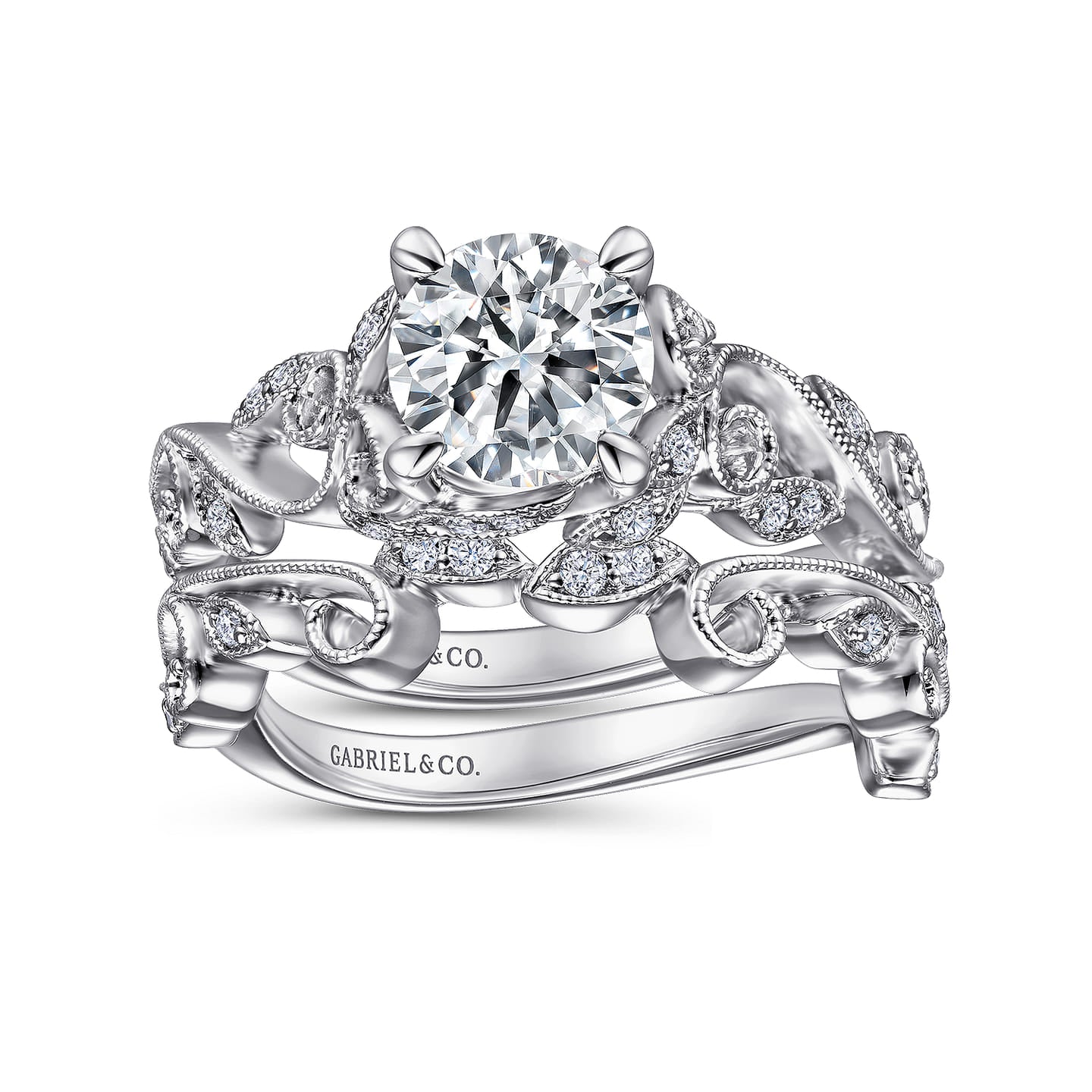 Gabriel & Co. White Gold Martedi Floral Style Diamond Wedding Ring Set