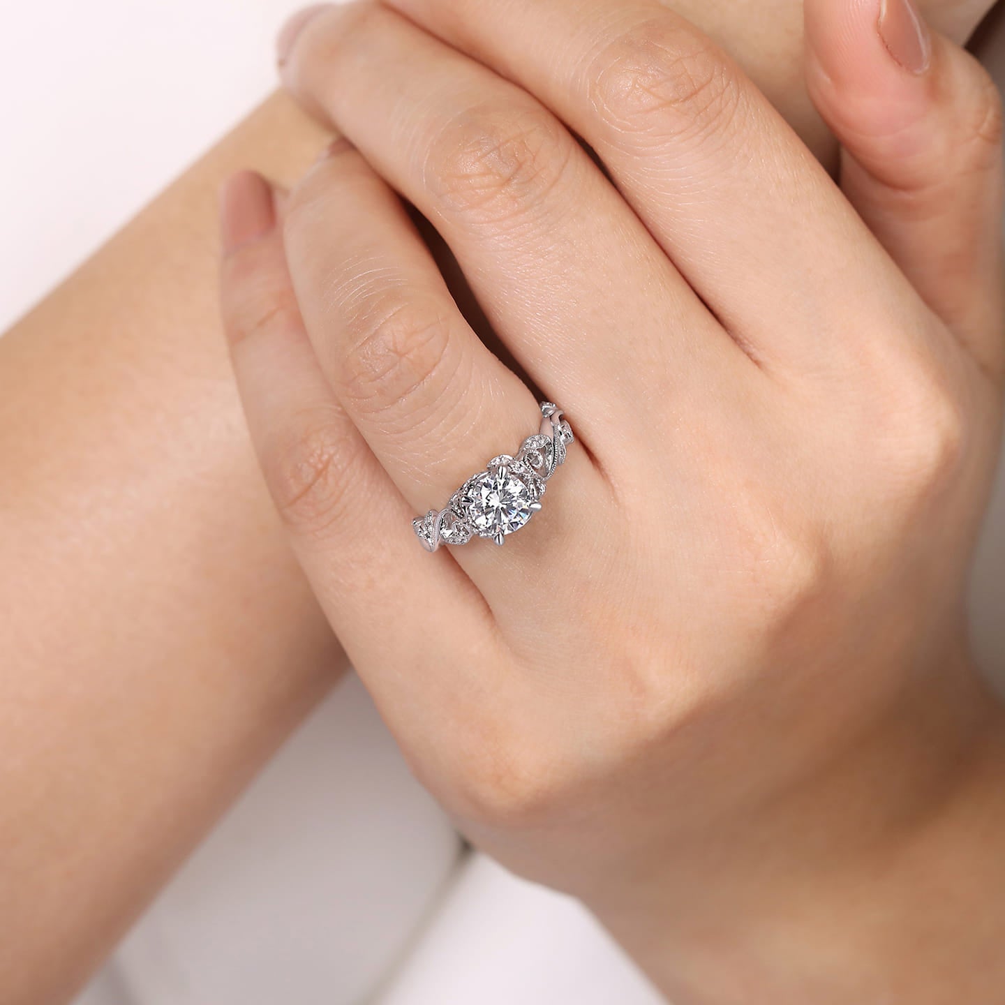 Gabriel & Co. White Gold Martedi Floral Style Diamond Engagement Ring on Hand