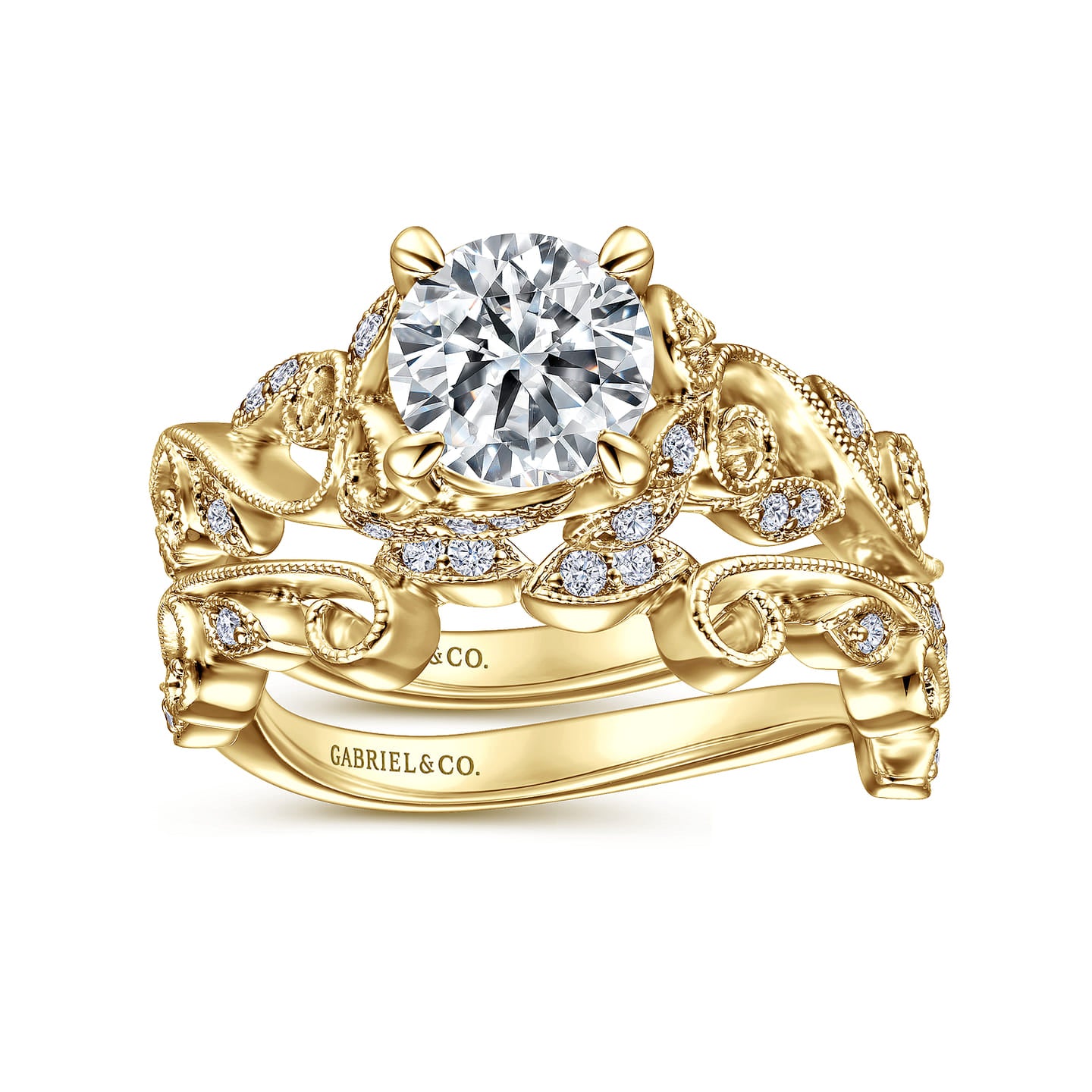 Gabriel & Co. Yellow Gold Martedi Floral Style Diamond Wedding Ring Set 