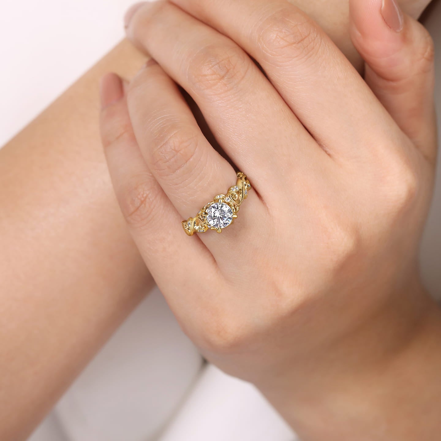 Gabriel & Co. Yellow Gold Martedi Floral Style Diamond Engagement Ring on Hand