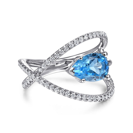 Gabriel & Co. Pear Cut Blue Topaz Multi-Layer Diamond Ring