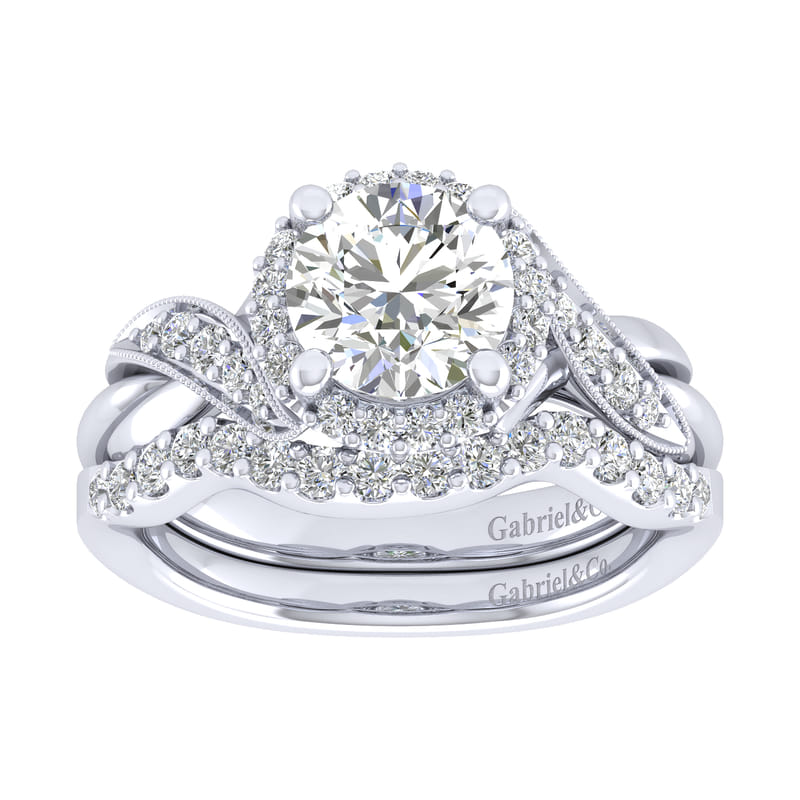 Gabriel & Co. White Gold Shae Luxe Crossover Halo Diamond Wedding Ring Set 
