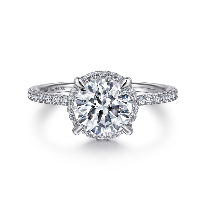 Gabriel & Co. White Gold Hart Round Cut Hidden Halo Diamond Engagement Ring