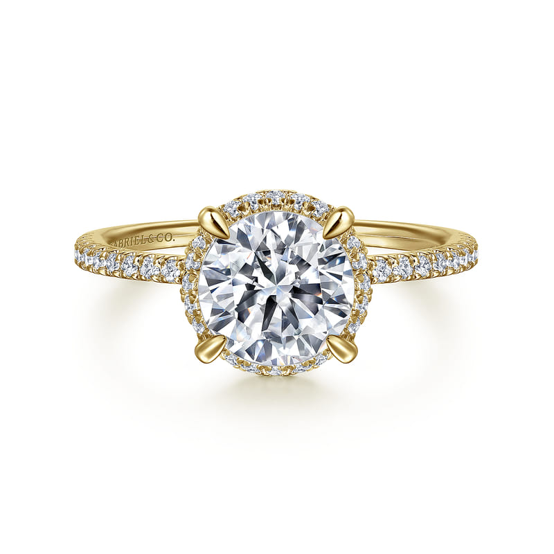 Gabriel & Co. Yellow Gold Hart Round Cut Hidden Halo Diamond Engagement Ring