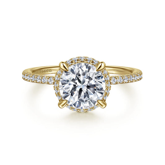 Gabriel & Co. Yellow Gold Hart Round Cut Hidden Halo Diamond Engagement Ring