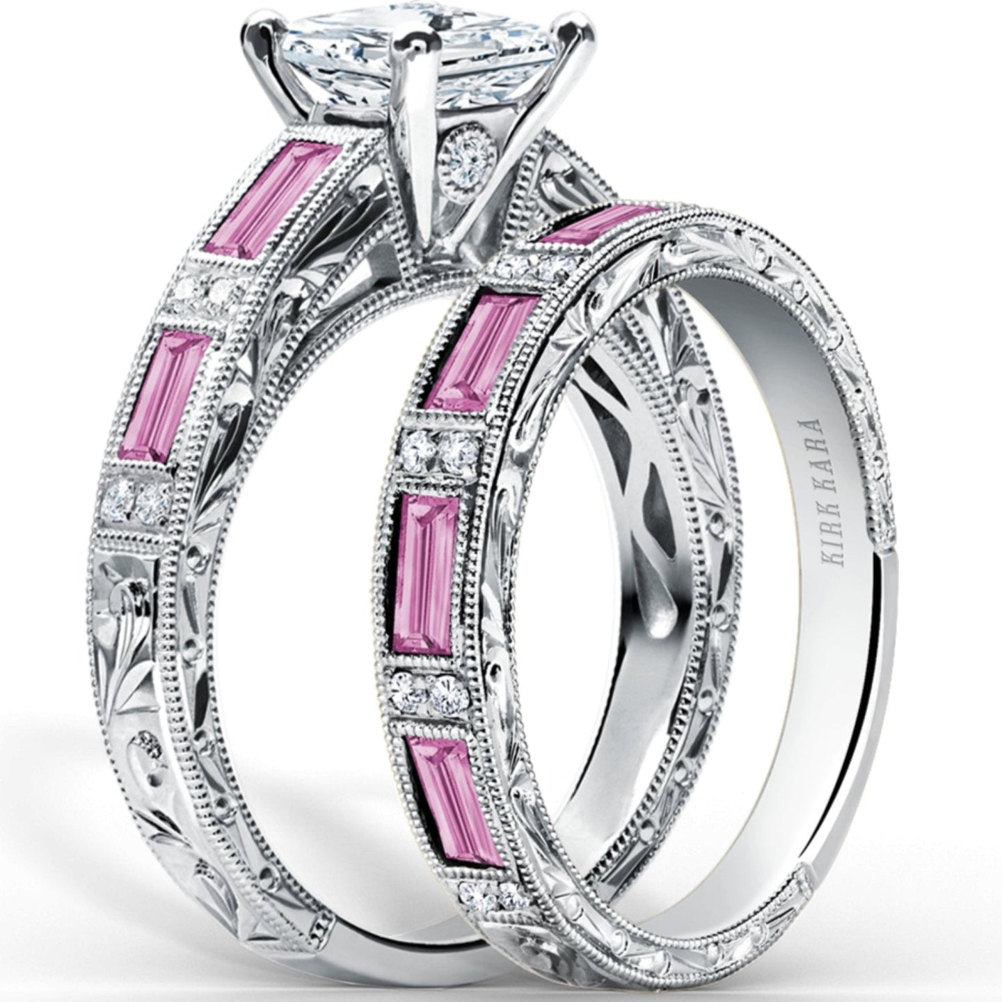 Kirk Kara "Charlotte" Baguette Cut Pink Sapphire Diamond Engagement Ring