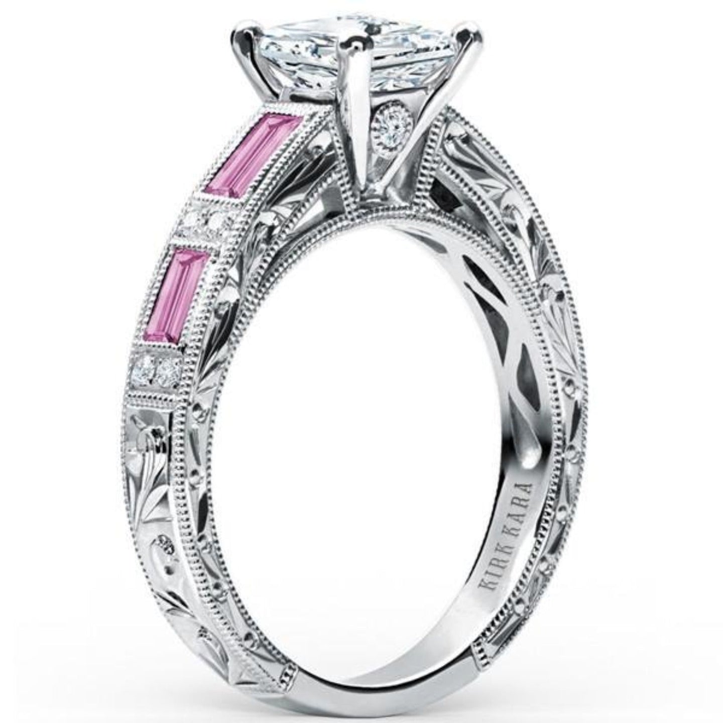 Kirk Kara White Gold "Charlotte" Baguette Cut Pink Sapphire Diamond Engagement Ring Angled Side View