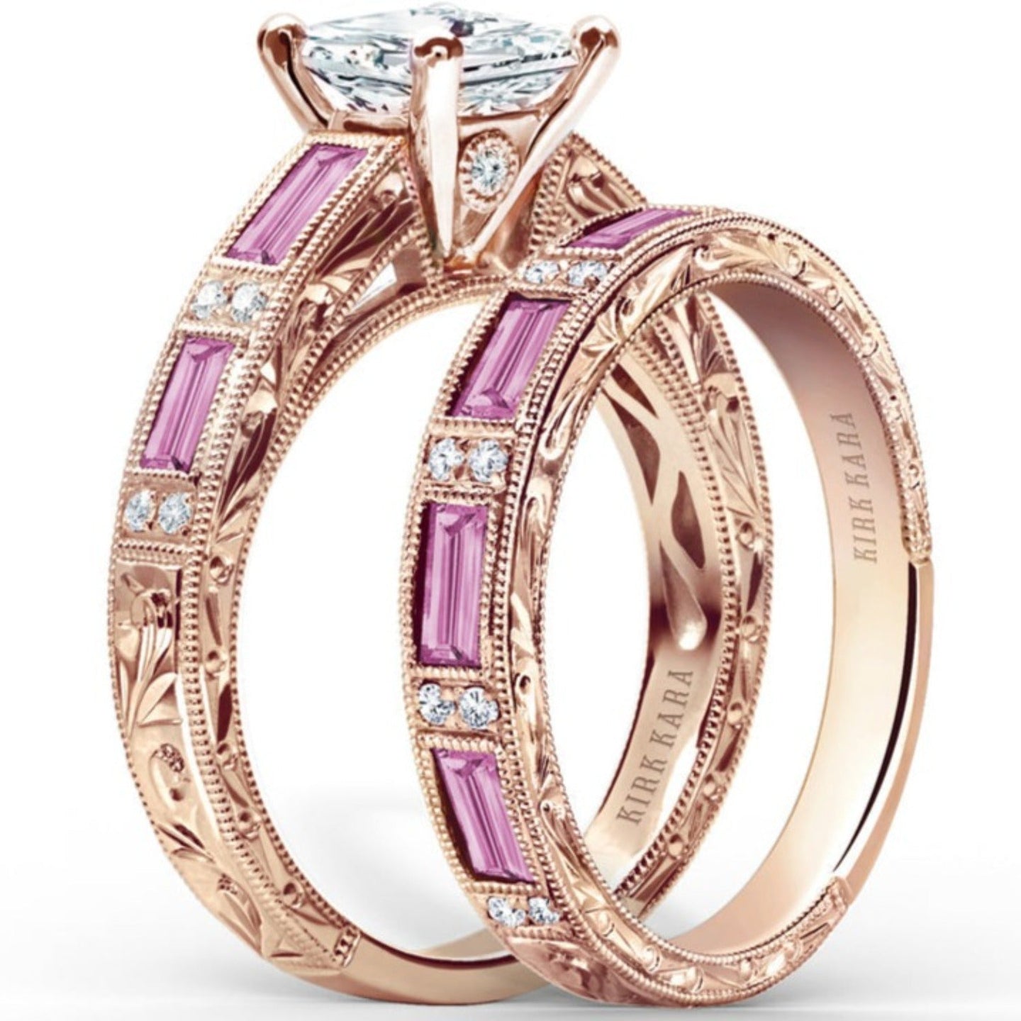 Kirk Kara "Charlotte" Baguette Cut Pink Sapphire Diamond Engagement Ring