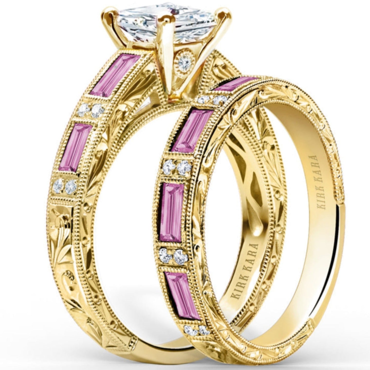 Kirk Kara "Charlotte" Baguette Cut Pink Sapphire Diamond Engagement Ring