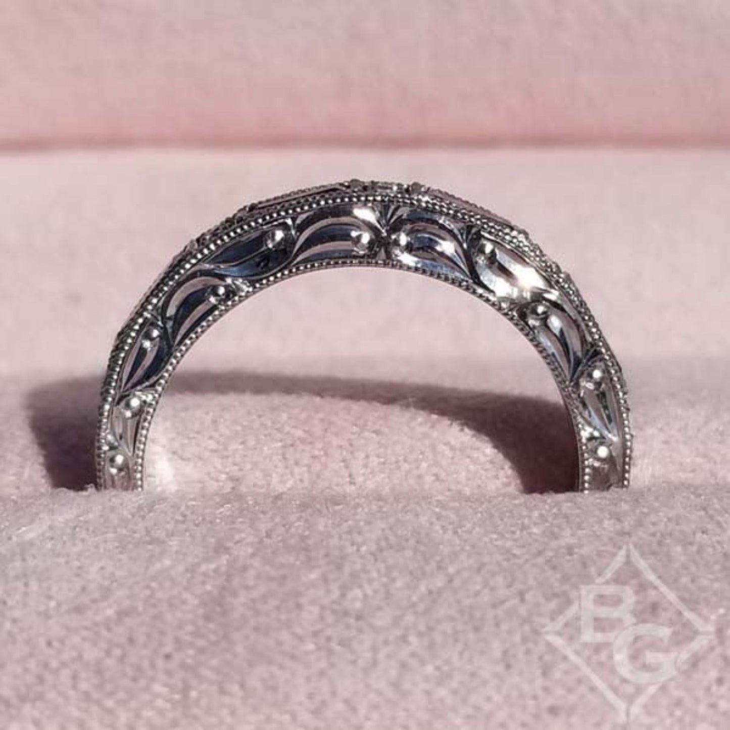 Kirk Kara White Gold "Charlotte" Baguette Cut Purple Amethyst Diamond Wedding Band Side View In Box