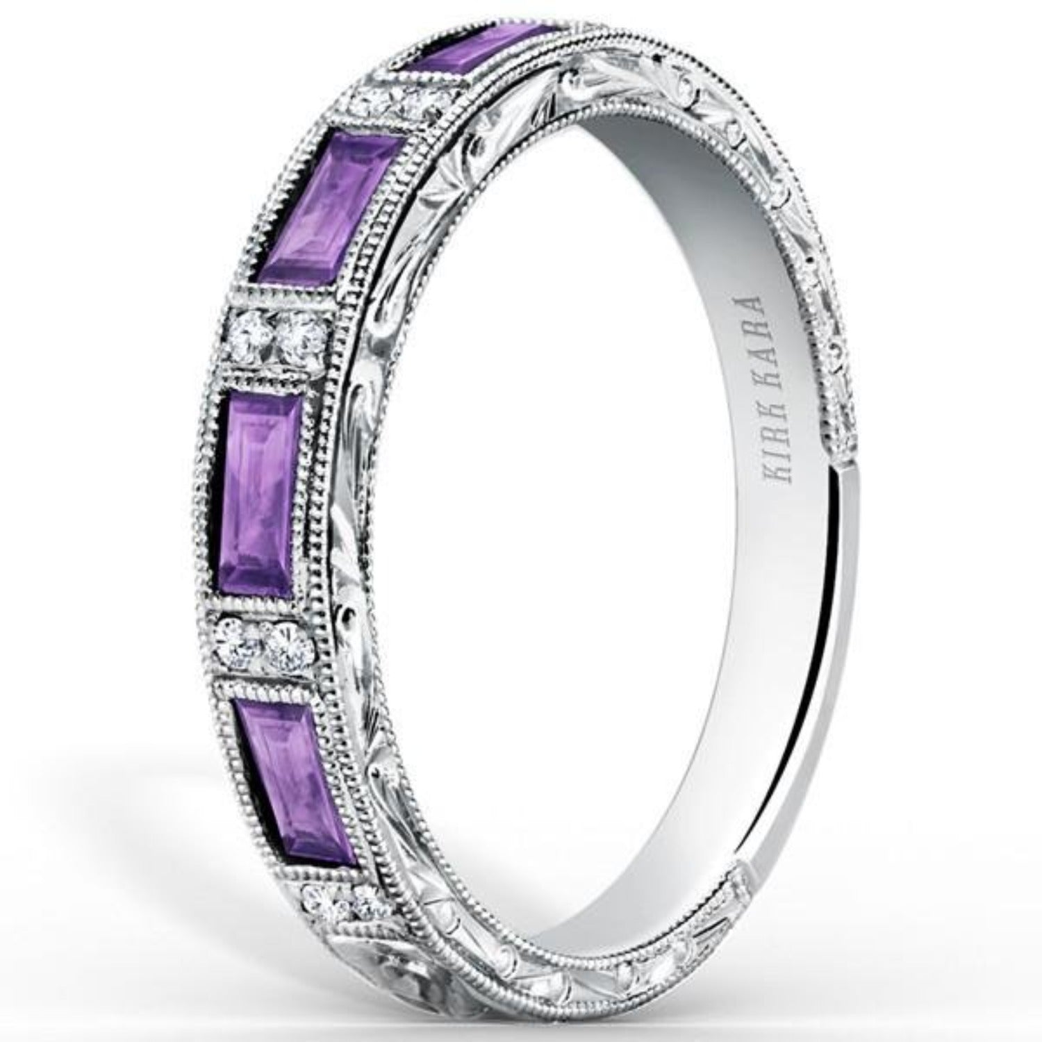 Kirk Kara White Gold "Charlotte" Baguette Cut Purple Amethyst Diamond Wedding Band Angled Side View 