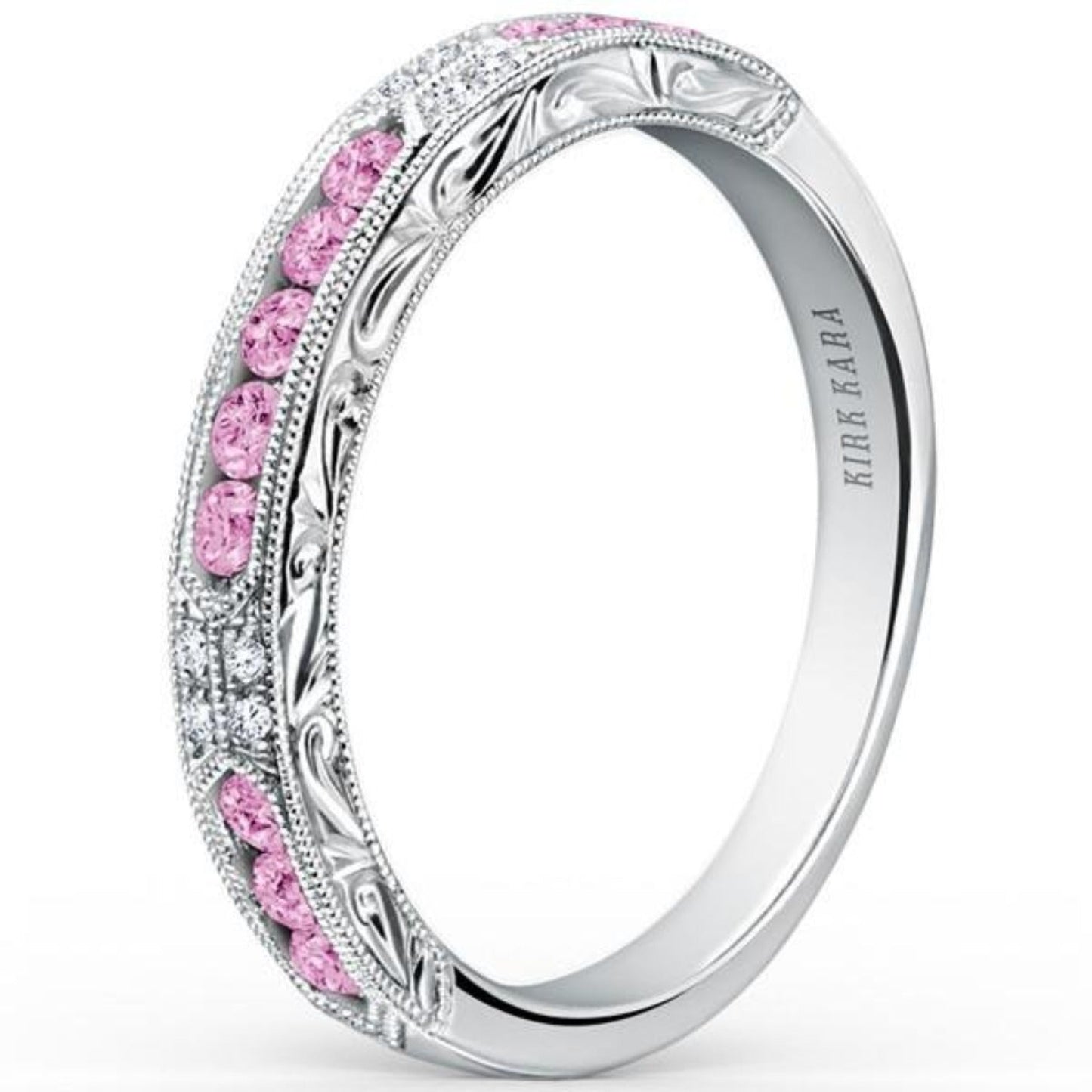 Kirk Kara White Gold "Charlotte" Pink Sapphire Diamond Wedding Band Angled Side View