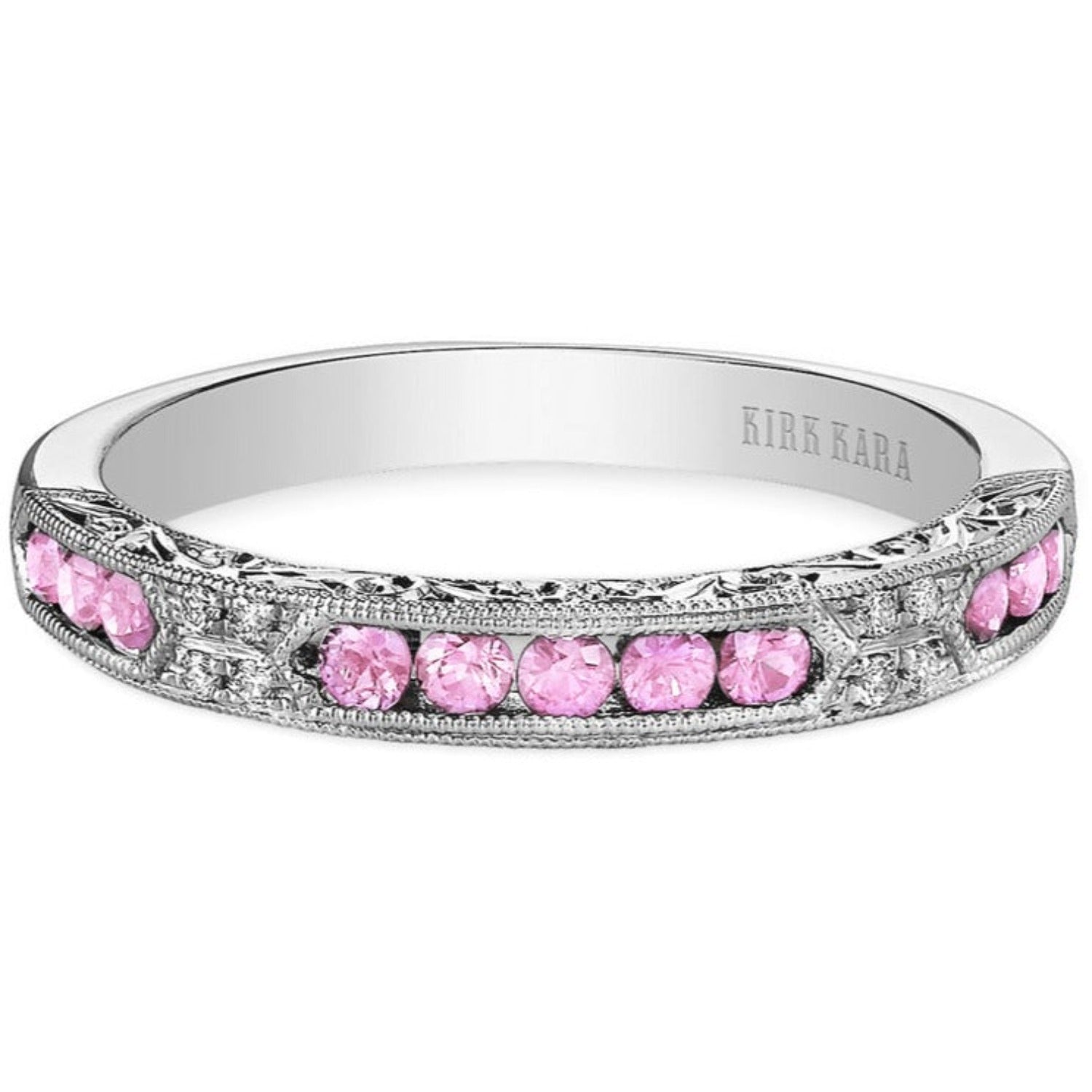 Kirk Kara White Gold "Charlotte" Pink Sapphire Round Cut Diamond Wedding Band Front View