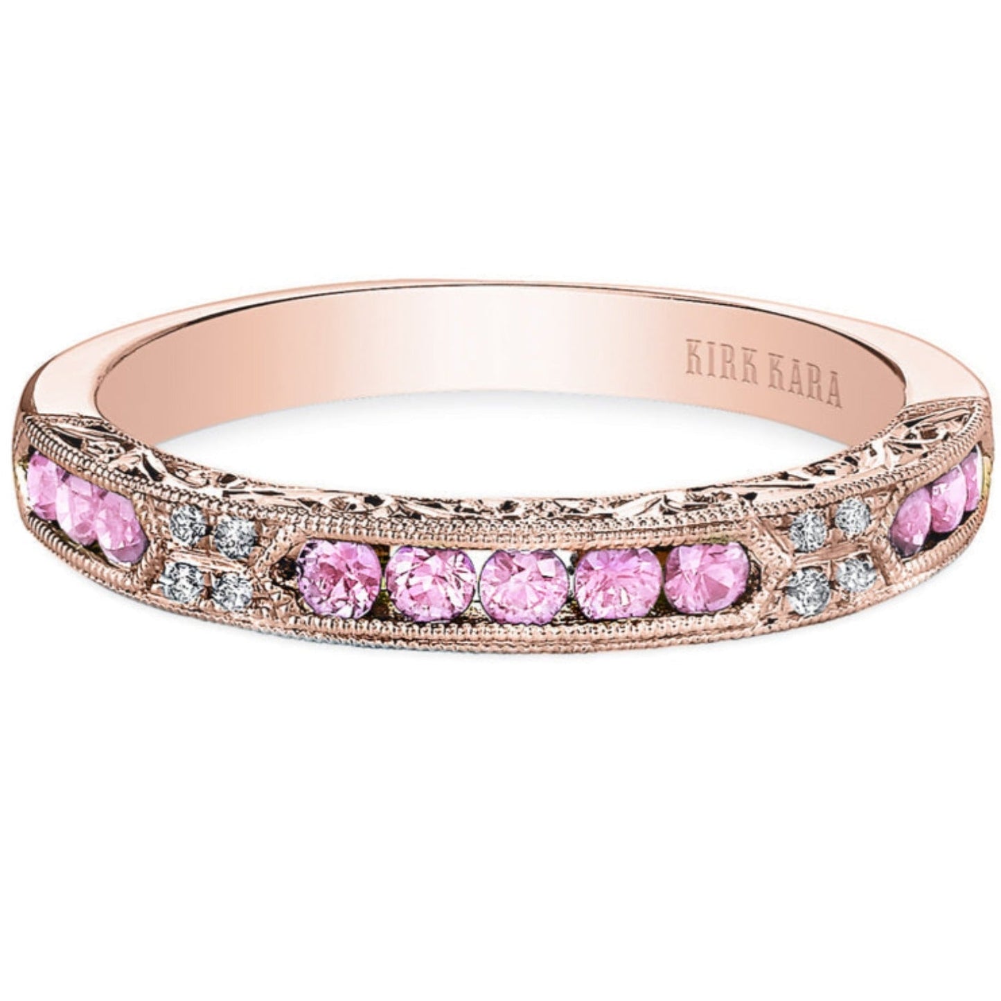 Kirk Kara Rose Gold "Charlotte" Pink Sapphire Round Cut Diamond Wedding Band Front View
