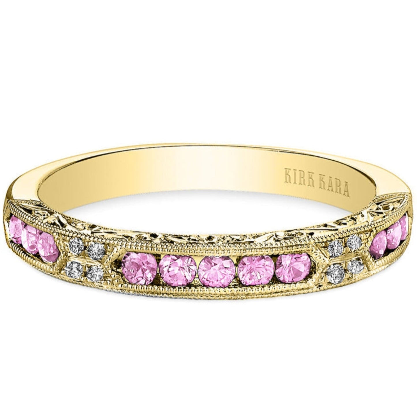 Kirk Kara Yellow Gold "Charlotte" Pink Sapphire Round Cut Diamond Wedding Band Front View