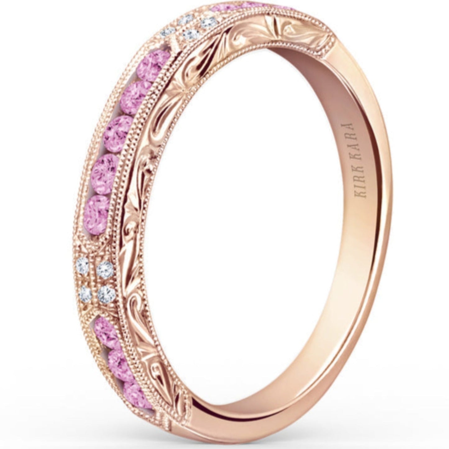 Kirk Kara Rose Gold "Charlotte" Pink Sapphire Round Cut Diamond Wedding Band