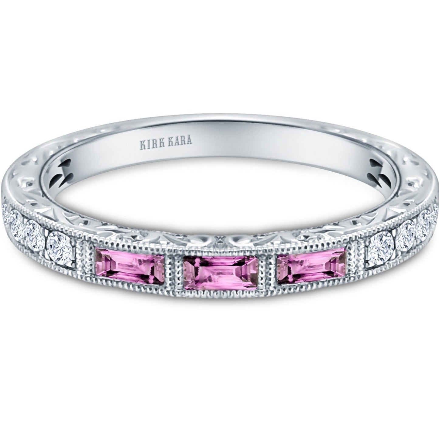 Kirk Kara "Charlotte" Three Stone Baguette Pink Sapphire Wedding Band