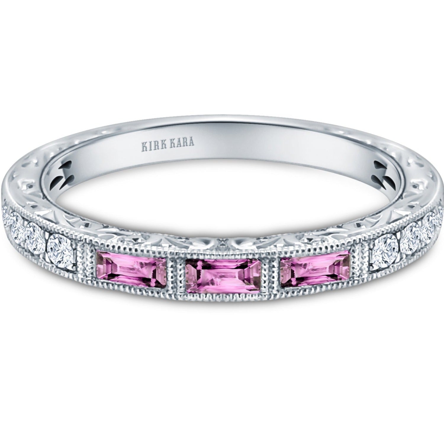 Kirk Kara "Charlotte" Three Stone Baguette Pink Sapphire Wedding Band
