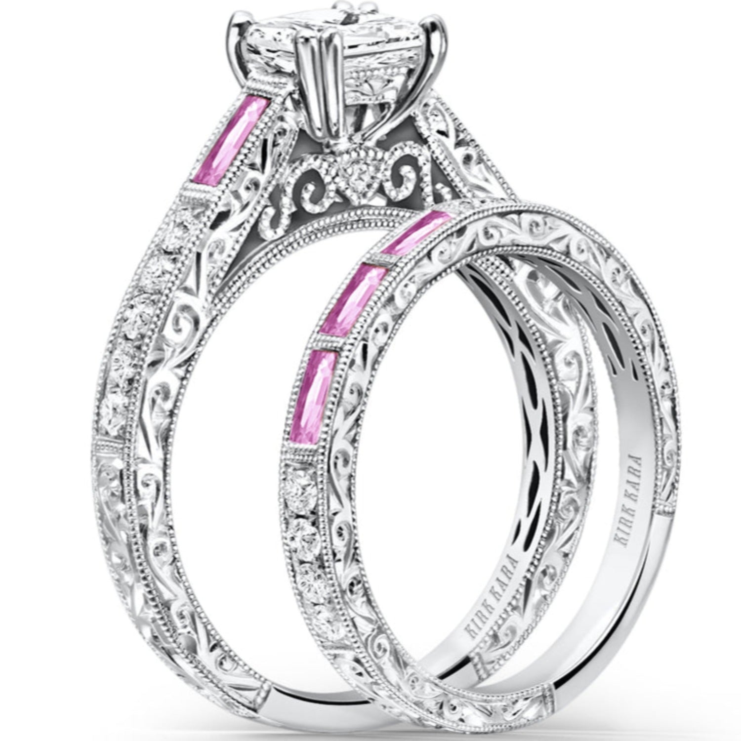 Kirk Kara "Charlotte" Three Stone Baguette Pink Sapphire Wedding Band