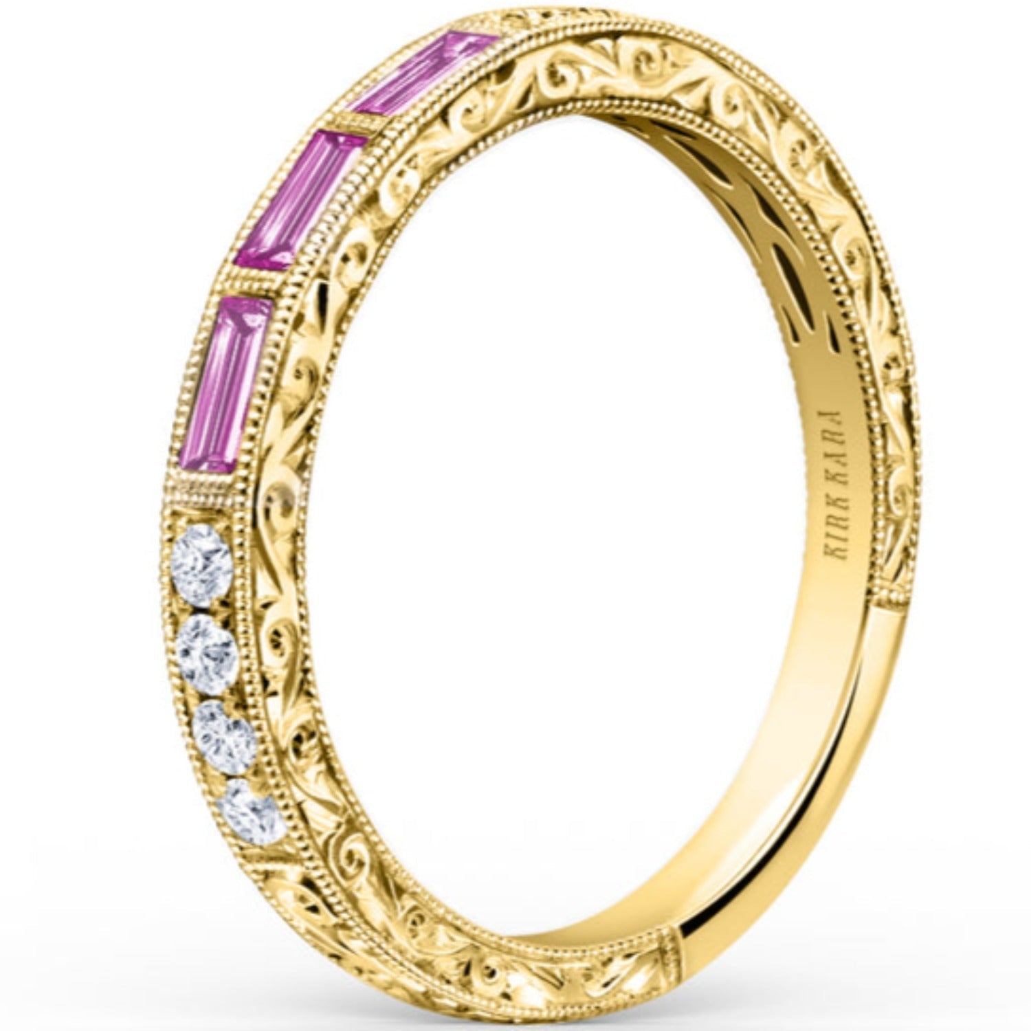 Kirk Kara "Charlotte" Three Stone Baguette Pink Sapphire Wedding Band