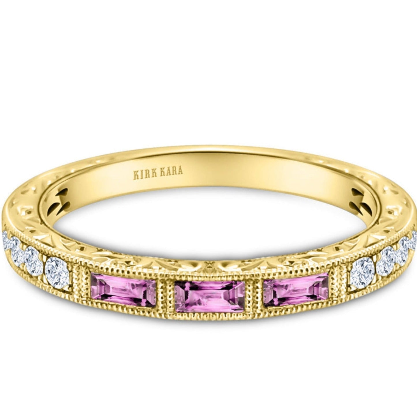 Kirk Kara "Charlotte" Three Stone Baguette Pink Sapphire Wedding Band