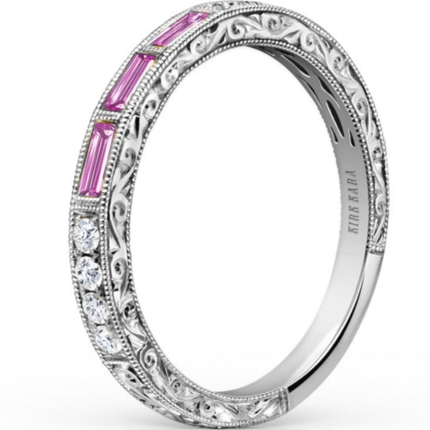 Kirk Kara "Charlotte" Three Stone Baguette Pink Sapphire Wedding Band