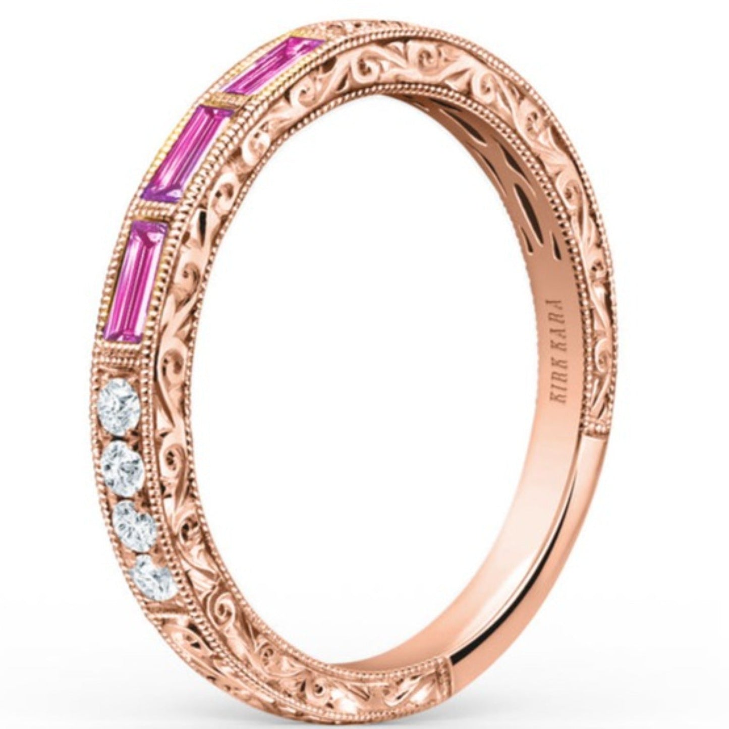 Kirk Kara "Charlotte" Three Stone Baguette Pink Sapphire Wedding Band
