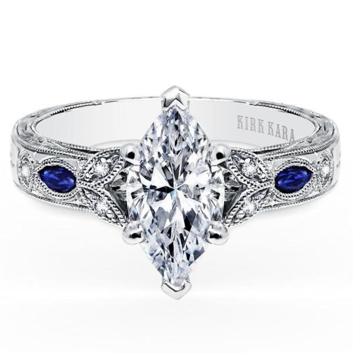 Kirk Kara "Dahlia" Marquise Cut Blue Sapphire Engagement Ring
