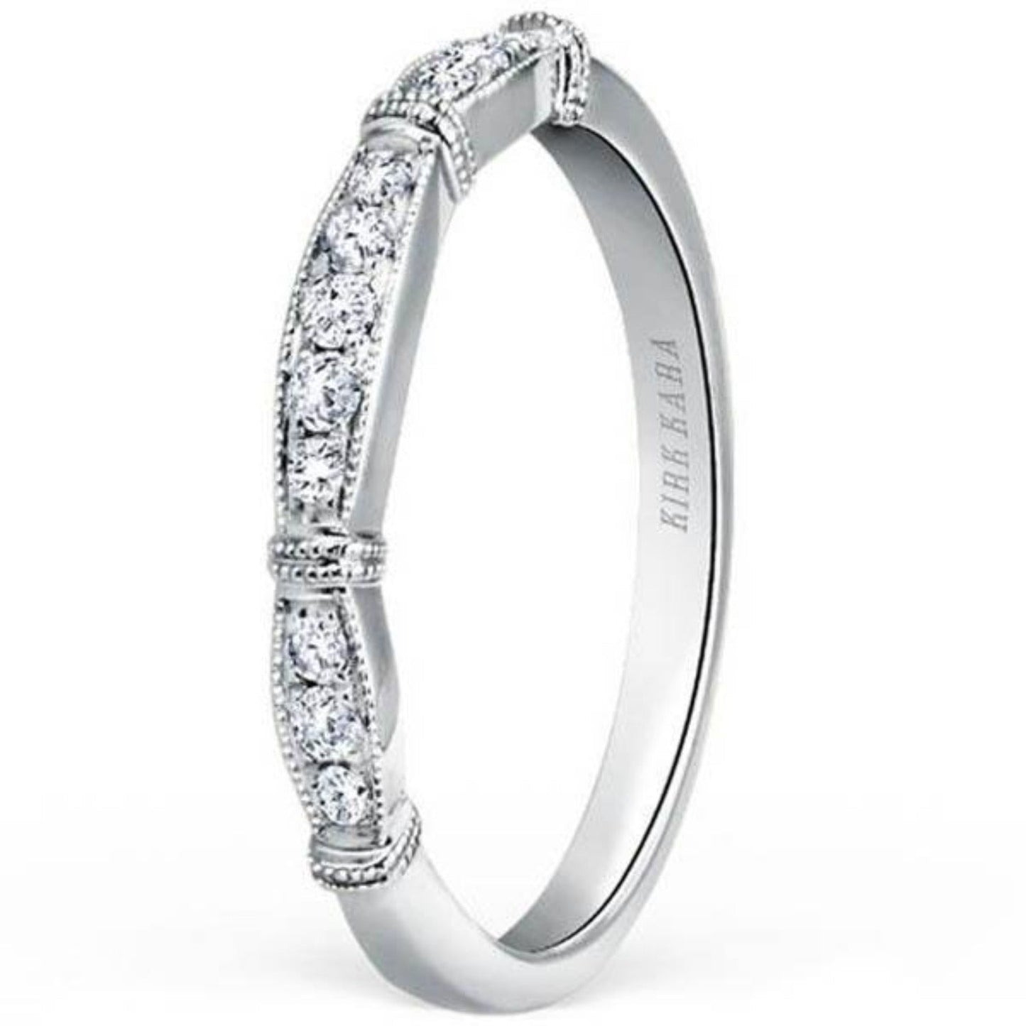 Kirk Kara White Gold "Stella" Milgrain Diamond Wedding Band Angled Side View