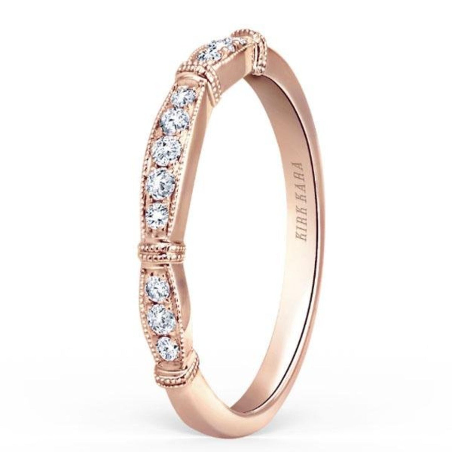 Kirk Kara Rose Gold "Stella" Milgrain Diamond Wedding Band Angled Side View