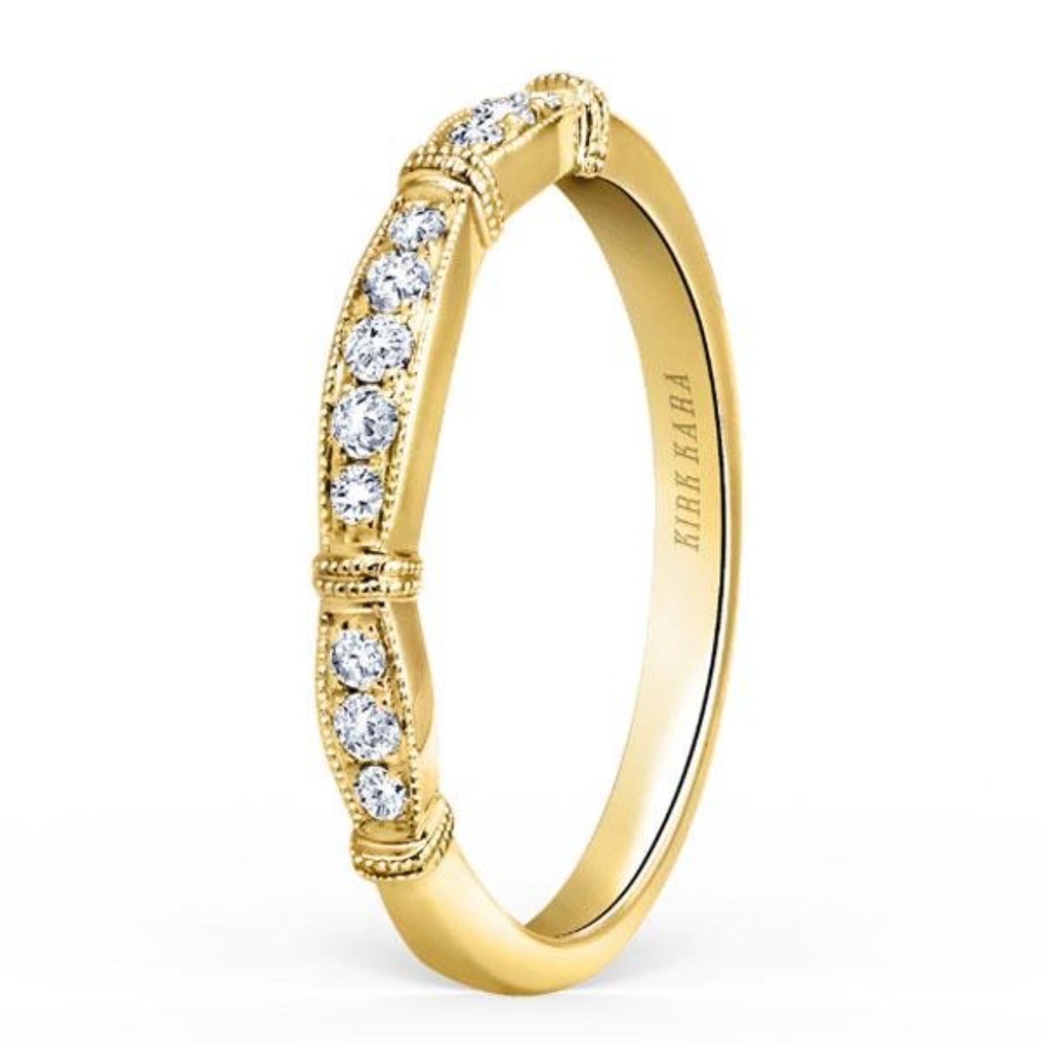 Kirk Kara Yellow Gold "Stella" Milgrain Diamond Wedding Band Angled Side View