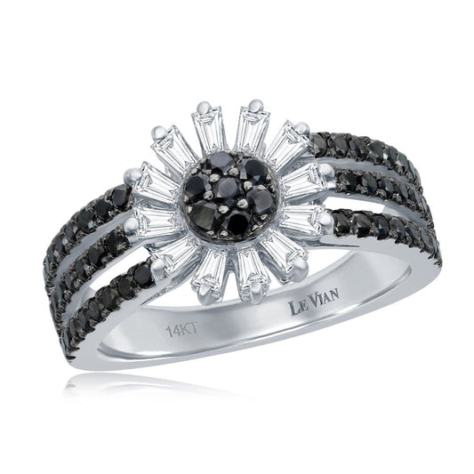 Le Vian Exotics Flower Ring Featuring 5/8 Carats Round Cut Black Diamonds and 3/8 Carats Baguette Cut Vanilla Diamonds Set in 14K Vanilla Gold. Tag TRKT 56.