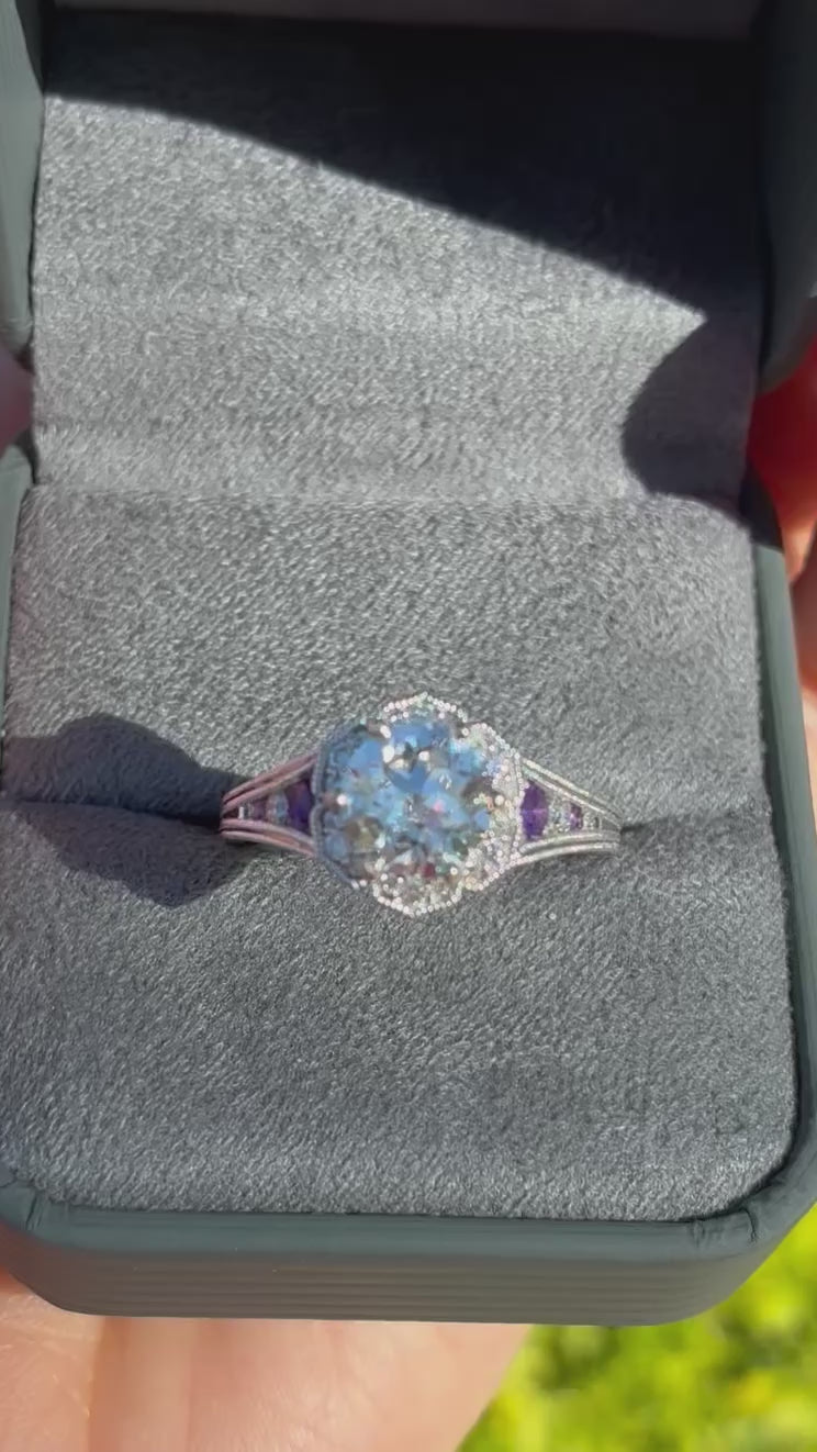 Video of Ben Garelick 14K White Gold Marcelline Vintage Inspired Scalloped Halo Amethyst & Diamond Engagement Ring
