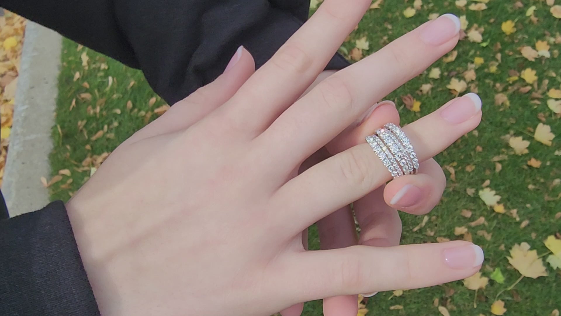 Simon G. Wide Five Row Graduating Diamond Anniversary Ring on Finger
