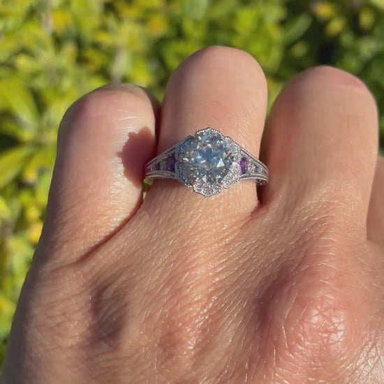 Video of Ben Garelick 14K White Gold Marcelline Vintage Inspired Scalloped Halo Amethyst & Diamond Engagement Ring on Hand