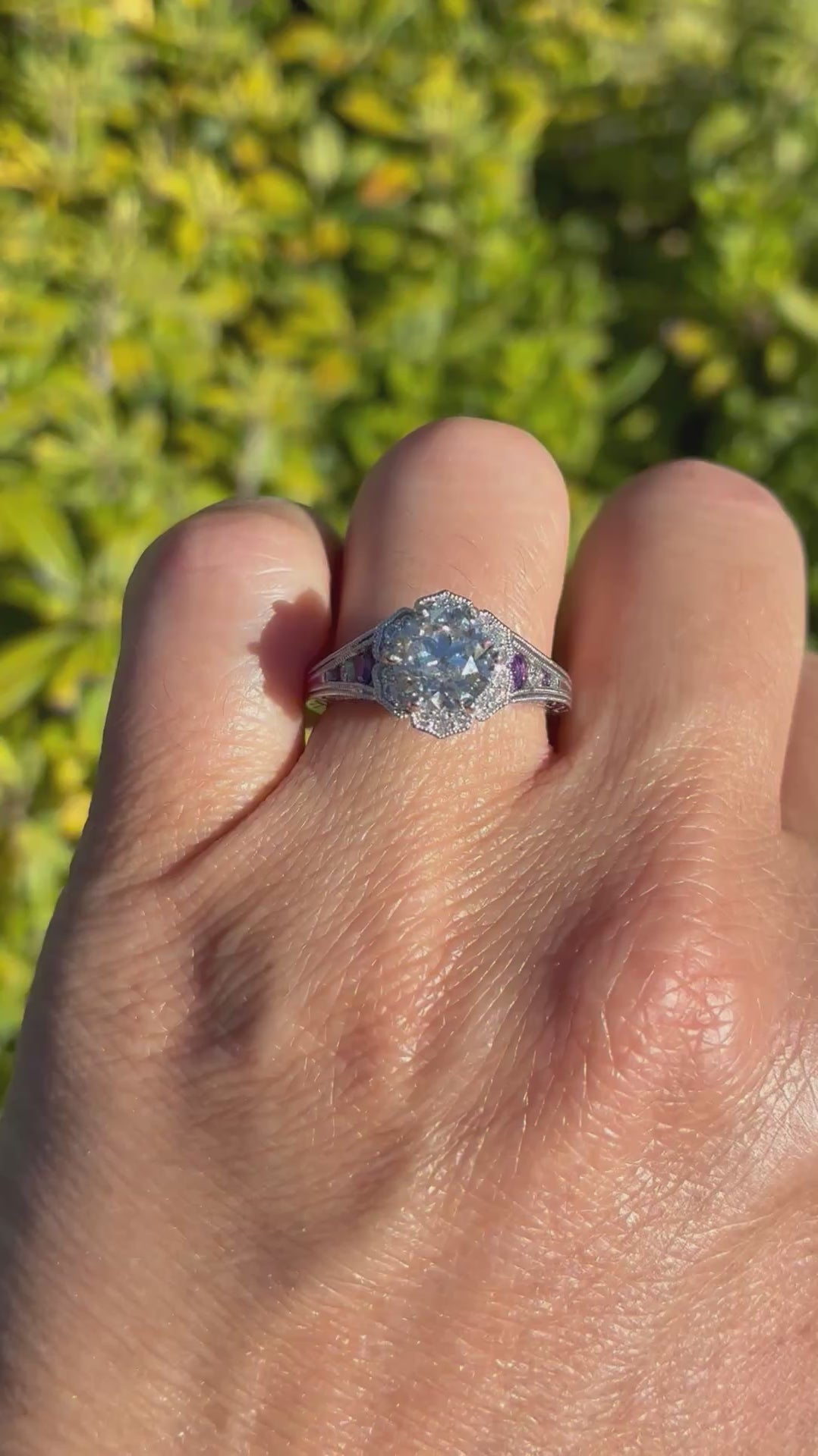 Video of Ben Garelick 14K White Gold Marcelline Vintage Inspired Scalloped Halo Amethyst & Diamond Engagement Ring on Hand