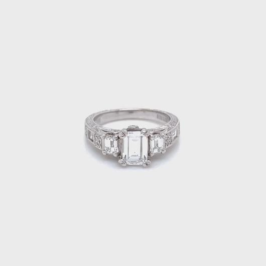 Kirk Kara White Gold "Charlotte" Emerald Cut Three Stone Diamond Engagement Ring Full Shot Video