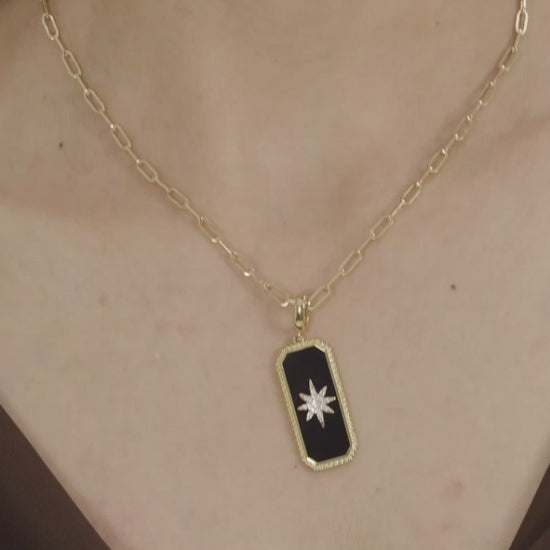 Video on Neck of Model - Gabriel & Co. Bujukan Onyx Starburst Diamond Medallion Pendant